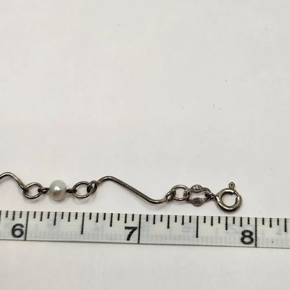 Sterling Silver 925 Wavy Bar Freshwater Pearl Link Bracelet Dainty Lightweight